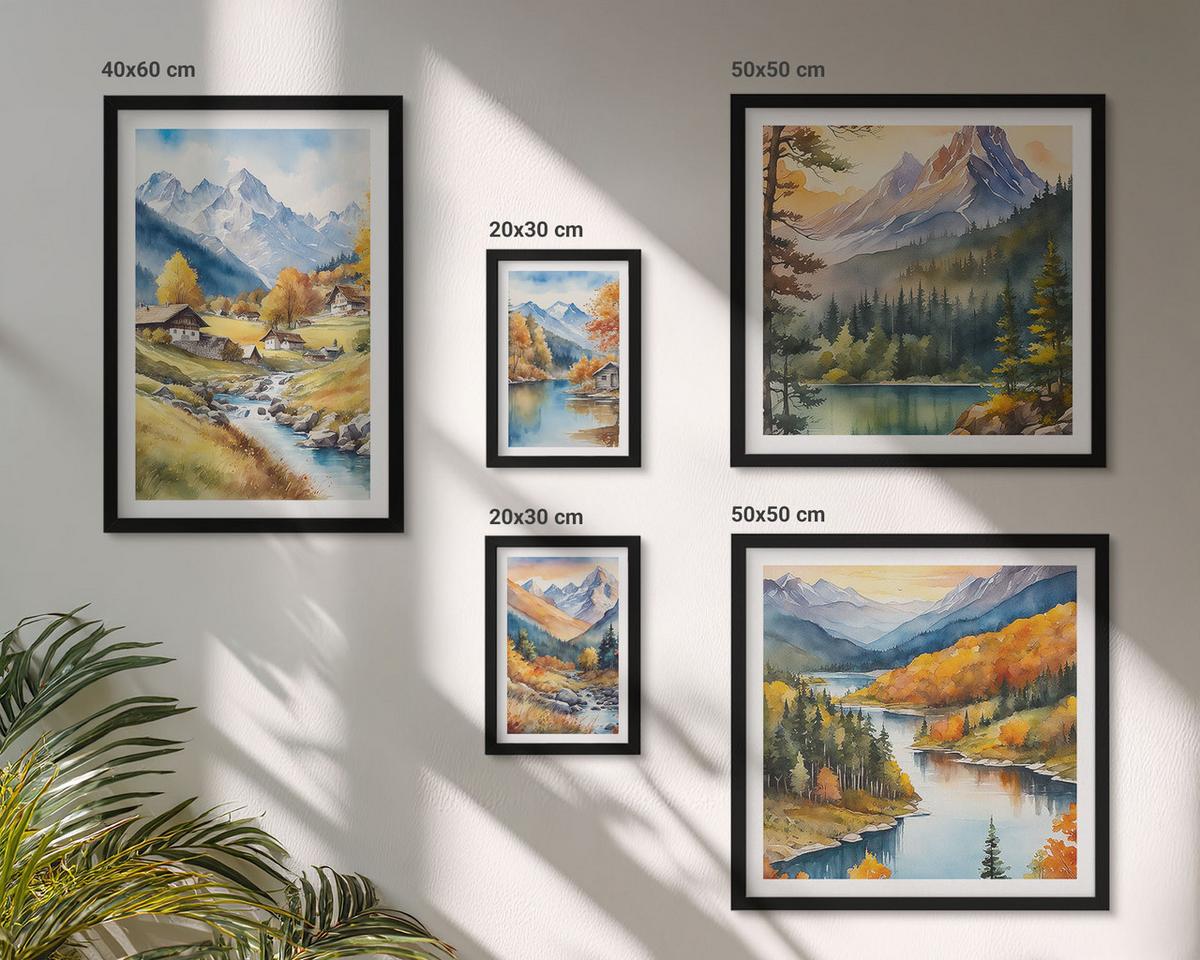 BILDER SET 5er Set - 50x50 cm & 20x30 cm & 40x60 cm Schwarzer Rahmen - Bergblick, Fluss, Herbst - Schwarz, Kunststoff (40/60cm) - TULUP