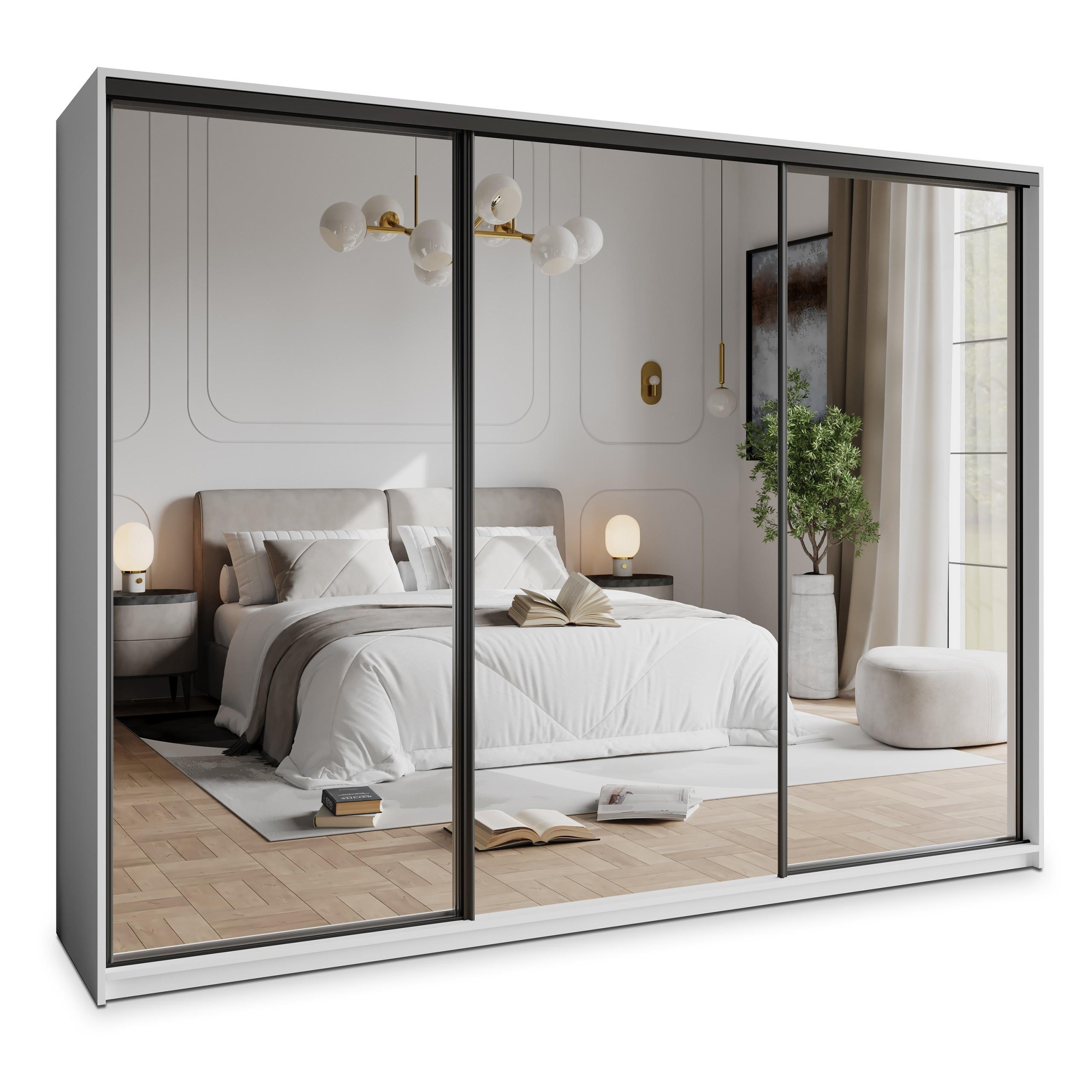 SCHWEBETÜRENSCHRANK RIEN 250/205/60 cm 3-türig mit Spiegel und Schubladen Weiß - Schwarz/Weiß, Holzwerkstoff (250/205/60cm) - MASSENO