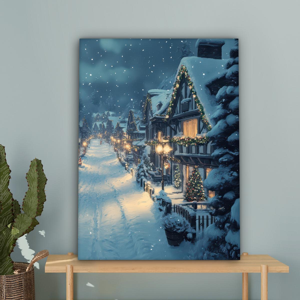 LEINWANDBILD Weihnachtsdorf - Weihnachten - Schnee - Winter Wandbild Wohnzimmer 60x80 cm - Dunkelblau, Textil (60/80cm) - MuchoWow