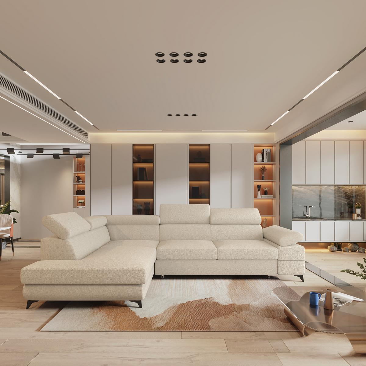 ECKSOFA FAVIEN L-S Creme Boucle-Stoff mit Schlaffunktion - Creme, Holz (257/190cm) - MASSENO