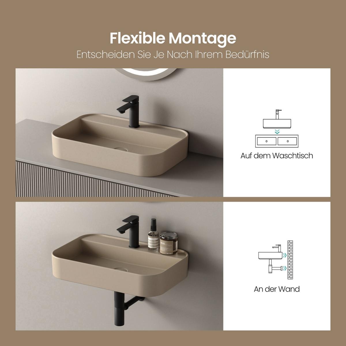 WASCHBECKEN Rechteck Abgerundete Ecken R Mattbeige 40 / 50 / 11 cm - Beige, Keramik (50.2/11/40.1cm) - EMKE