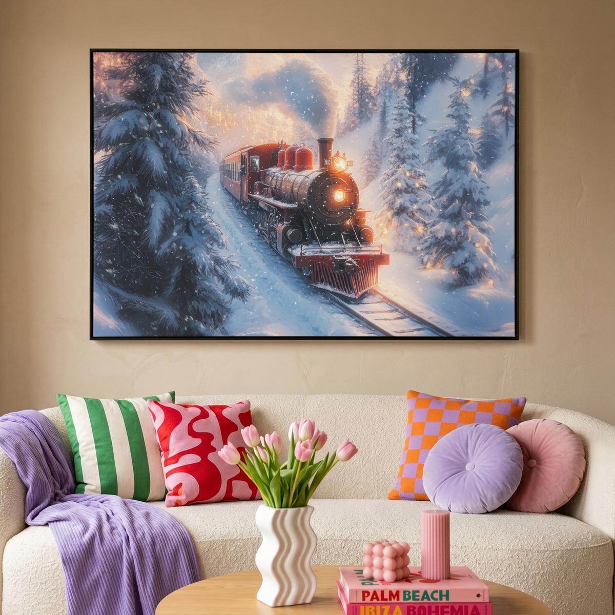 LEINWAND Bilder mit Rahmen - Weihnachtszug - Schnee - Winter - Weihnachten - 150x100 - Dunkelrot, Textil (150/100cm) - MuchoWow
