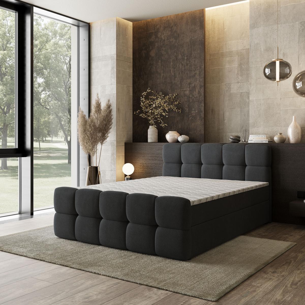 BOXBETT BRUME 200x200 cm mit Matratze und Topper, H2+H3 - Schwarz - Schwarz, Holz (200/200cm) - MASSENO