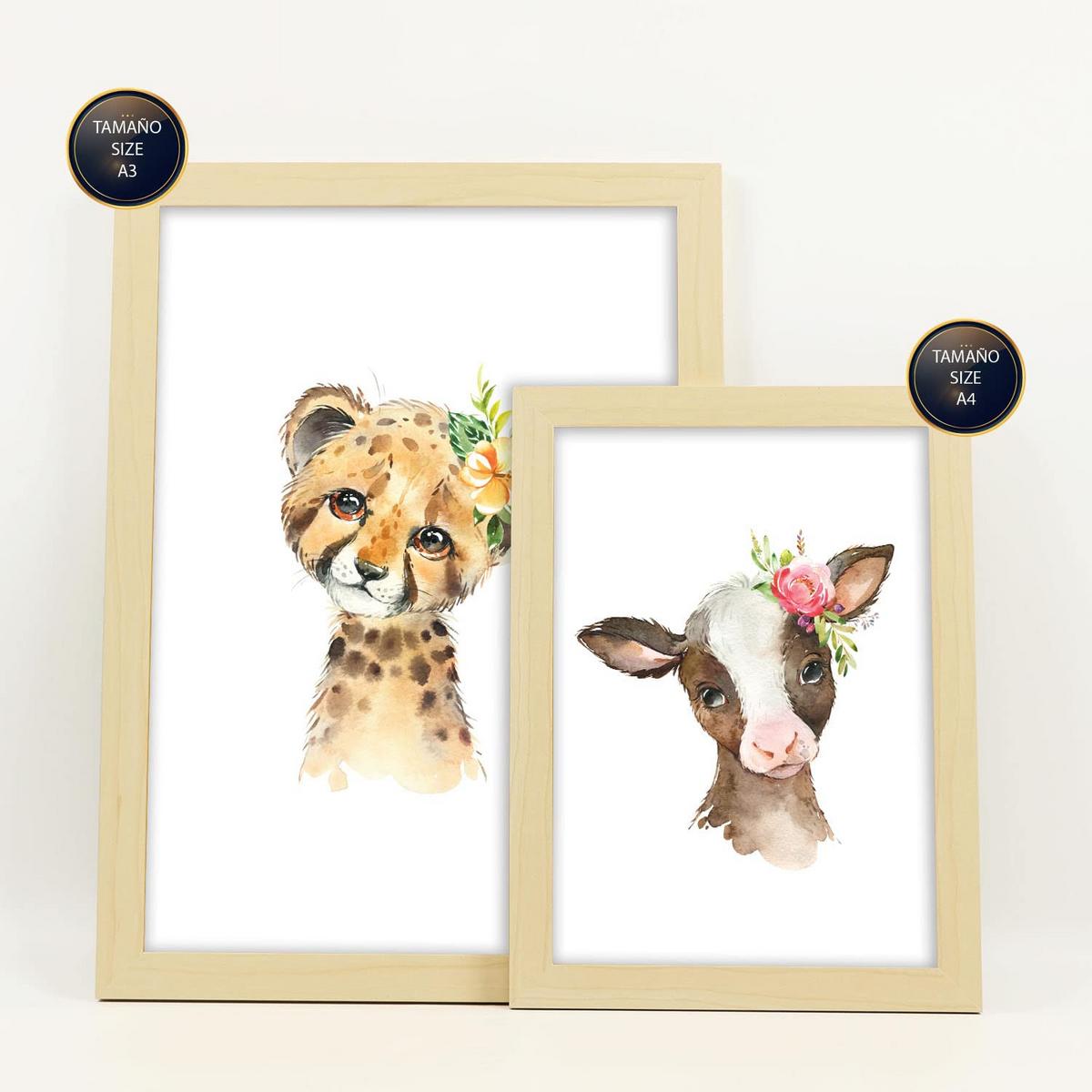 POSTER Set Mit 6 Blumentiere Weißer Hintergrunddruck Mit Baby Tiermotiven Im Pastell Aquarell Stil Innenarchitektur A3 & A4 Rahmen Aus Hellem Holz - Beige, Papier (29/3cm) - Nacnic