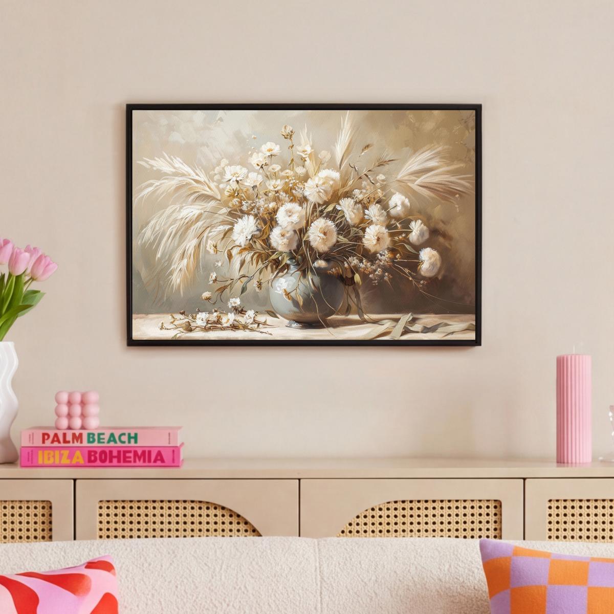 LEINWAND Bilder mit Rahmen - Blumen - Vase - Stilleben - Beige - 60x40 - Creme, Textil (60/40cm) - MuchoWow