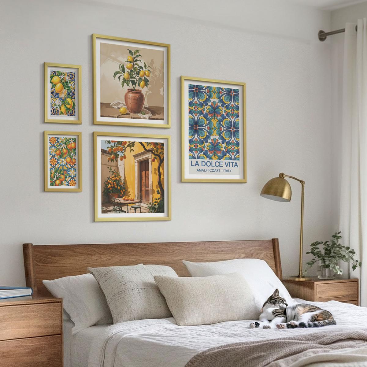 BILDER SET 5er Set - 50x50 cm & 20x30 cm & 40x60 cm Goldrahmen - Zitronen, Blumen, Orangen, Italien - Goldfarben, Kunststoff (40/60cm) - TULUP