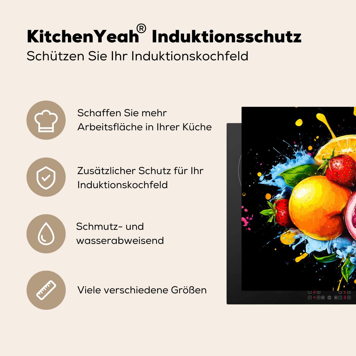 HERDABDECKPLATTE Obst - Graffiti - Bunt - Orange - Erdbeere - Abstrakt Induktionsschutz 91.6x52.7 cm - Orange, Kunststoff (91.6/52.7/0.2cm) - MuchoWow
