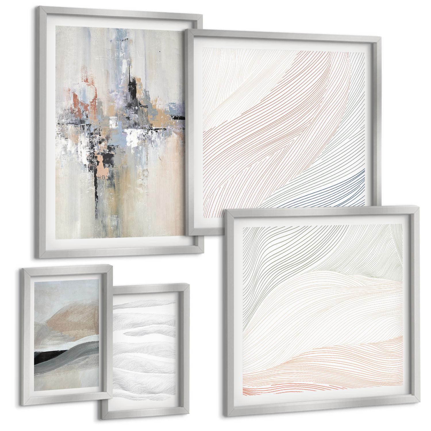 BILDER SET 5er Set - 50x50 cm & 20x30 cm & 40x60 cm Silberner Rahmen - Abstrakte Erdmuster - Silberfarben, Kunststoff (40/60cm) - TULUP