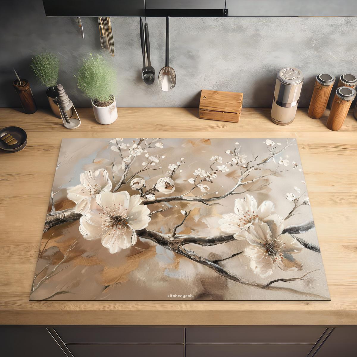 HERDABDECKPLATTE Blumen - Abstrakt - Gemalt - Beige Induktionsmatte 77x59 cm - Kaschmir, Kunststoff (77/59/0.2cm) - MuchoWow