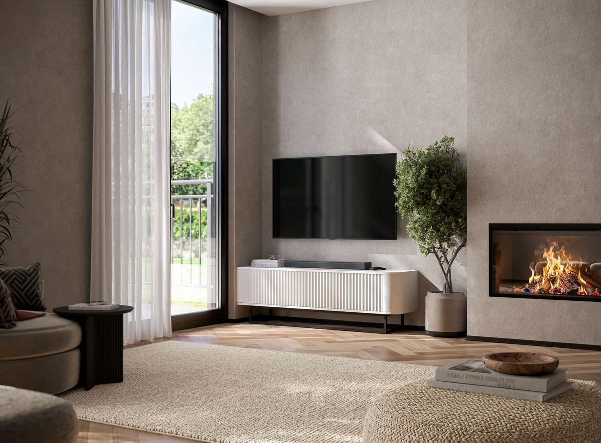 TV-LOWBOARD Aurora Weiß matt 140 cm mit schwarzem Metallrahmen - Goldfarben/Weiß, Holzwerkstoff/Metall (140/44/35cm) - Meble Lindner