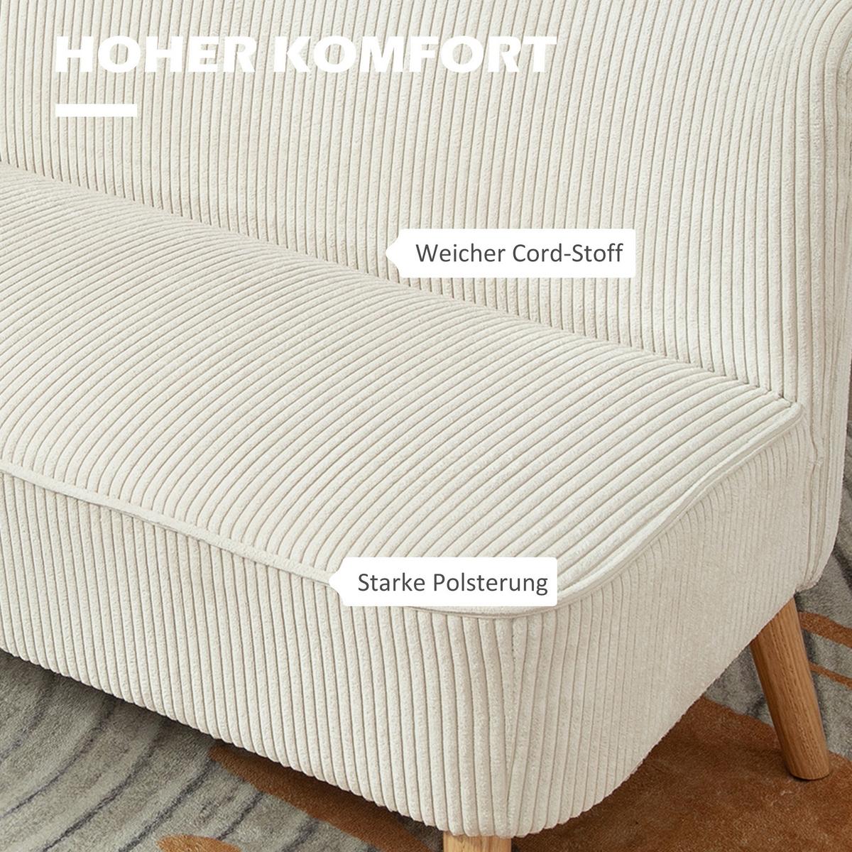 SOFA 2 Sitzer modern Couch ohne Armlehne Polstersofa mit Cord-Optik Cremeweiß - Perlmutt/Creme, Holz/Textil (56.5/77/117cm) - HOMCOM