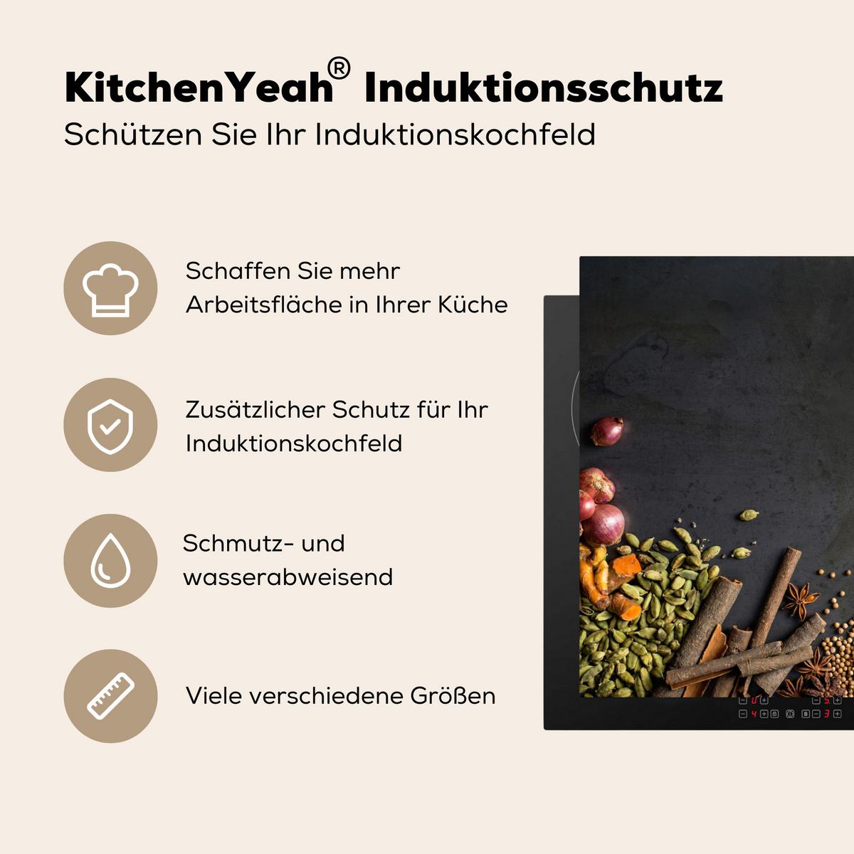 HERDABDECKPLATTE Kräuter - Lebensmittel - Gewürze - Schwarz - Paprika - Zimt Induktionsschutz 81.6x52.7 cm - Currygelb, Kunststoff (81.6/52.7/0.2cm) - MuchoWow