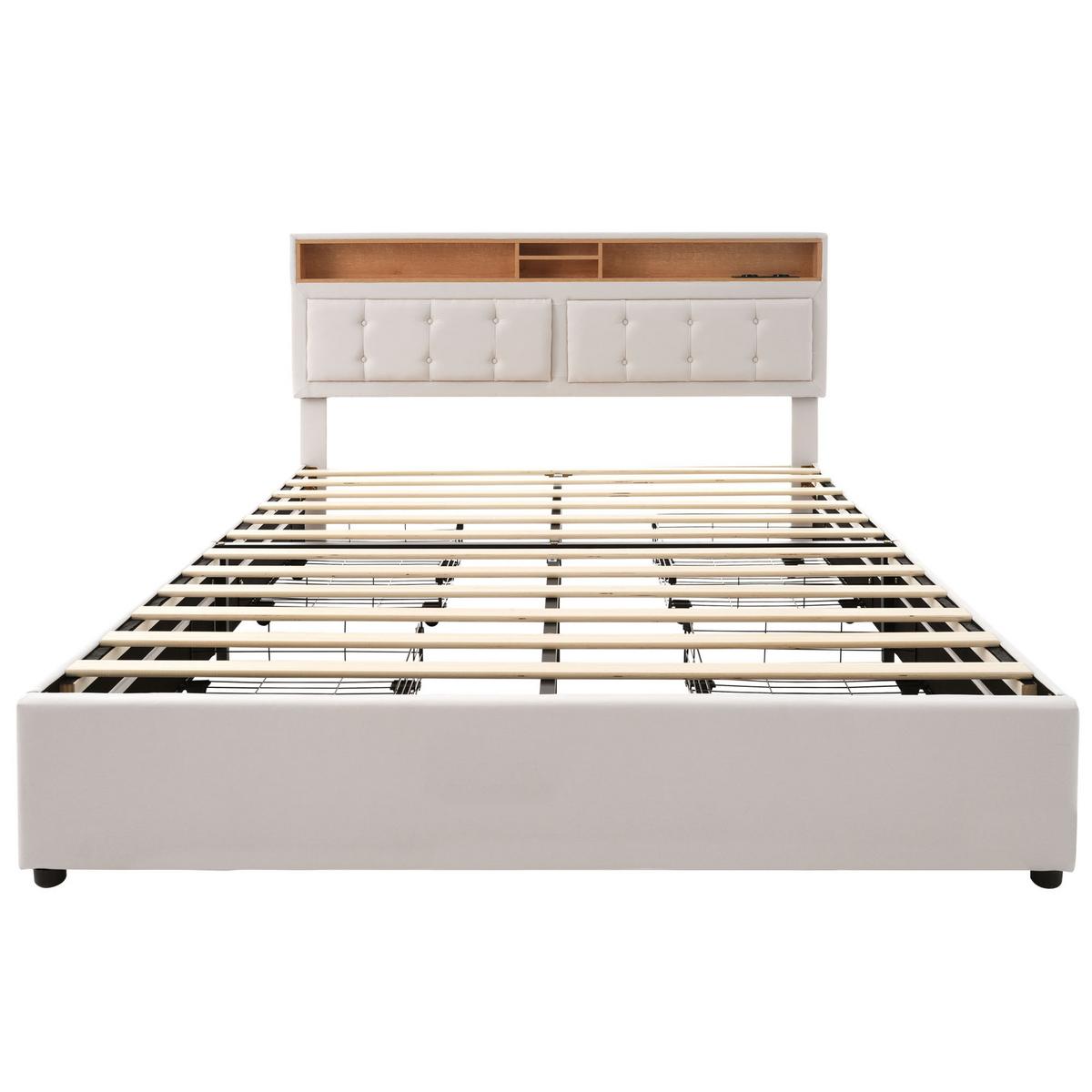 POLSTERBETT leinen-optik beige 140X200 mit 4 schubladen & integrierter ladestation - Eichefarben/Beige, Textil (140/200cm) - Urban Meuble