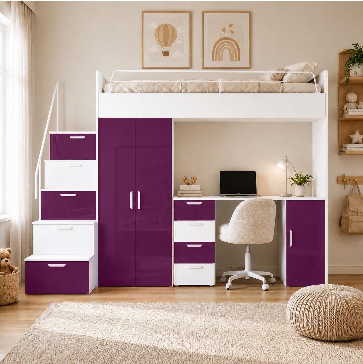 WEISSES Kinderset RAJ 4, Hochglanz - Violett/Weiß, Holzwerkstoff (254/180/55cm) - Lookway