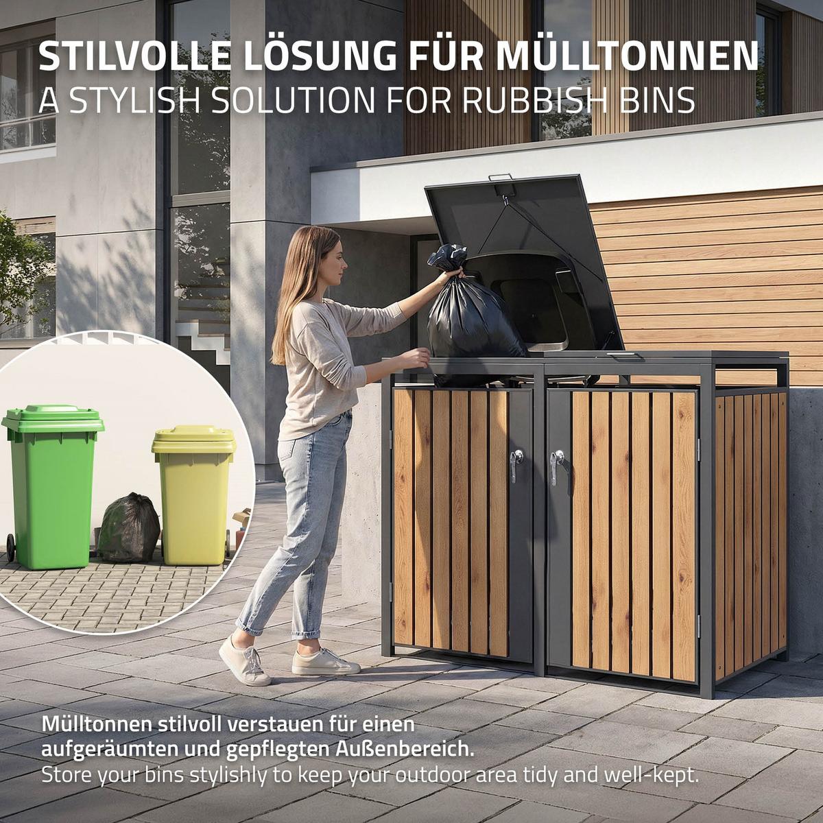 MÜLLTONNENBOX 4er Anthrazit-Holzoptik - Graubraun, Metall (264/120/80cm) - ML-DESIGN