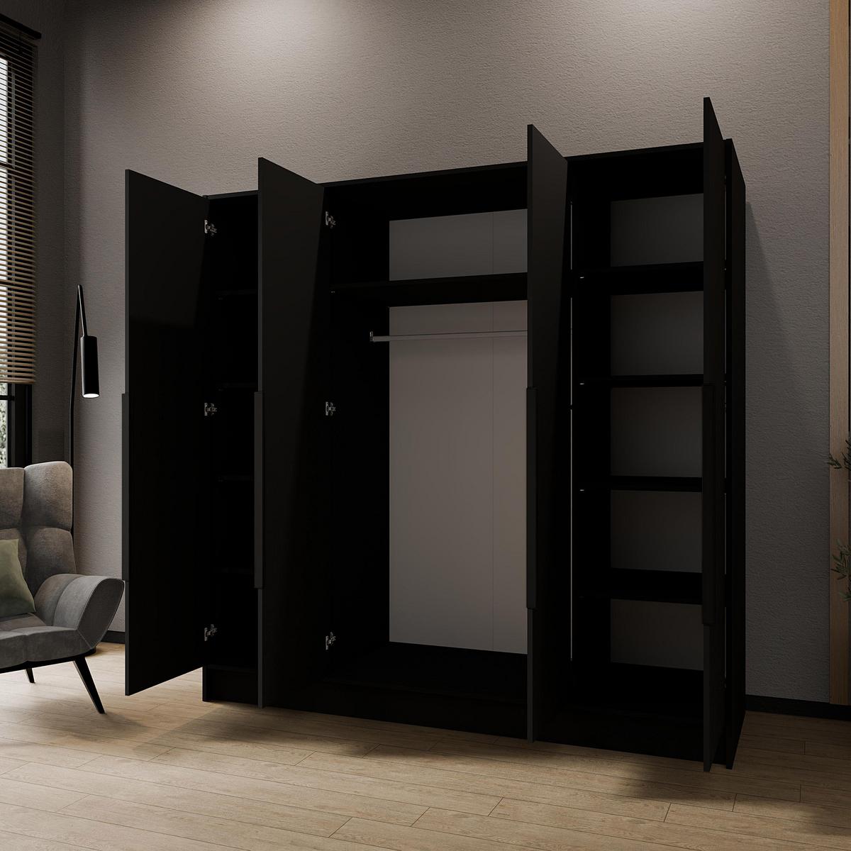 DREHTÜRENSCHRANK Pavia ohne Spiegel, Schwarz mit mit schwarzen Griffen, 200 cm - Schwarz, Holzwerkstoff (200/200/51cm) - Beautysofa