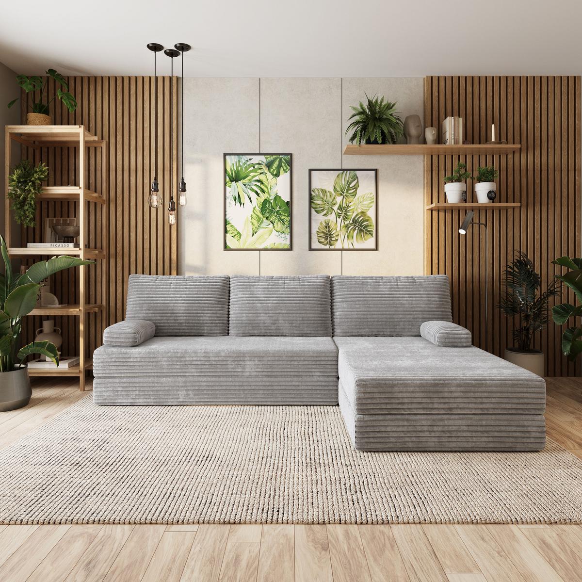 ECKSOFA ANKO modulares Boneless Sofa mit Schlaffunktion Hellgrau Kordstoff - Grau, Textil (270/160cm) - MASSENO