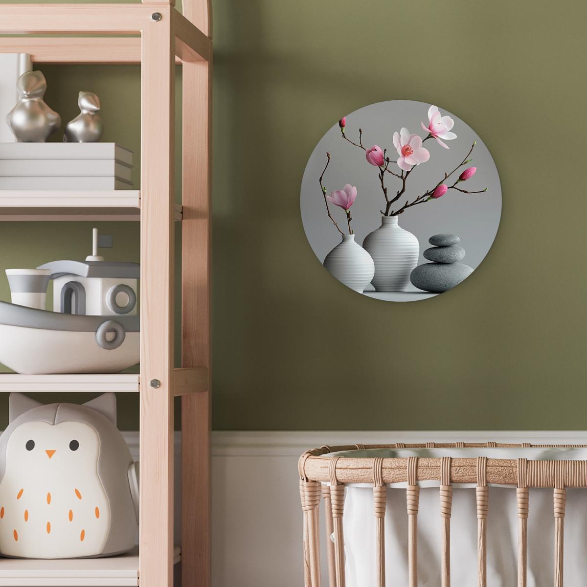 WANDBILD Magnolie - Blumen - Rosa - Zen-Steine Deko Wohnzimmer 30x30 cm - Hellgrau, Kunststoff (30/30cm) - MuchoWow