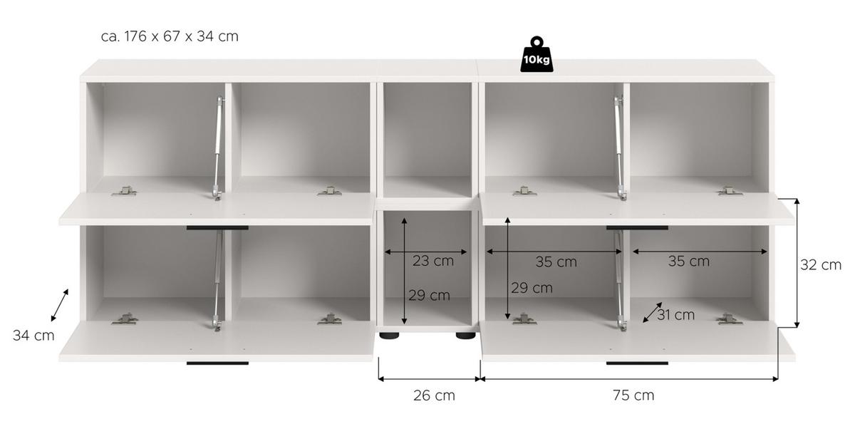 TV-LOWBOARD weiß 176 cm, Fernsehtisch hängend / stehend mit Soft-Close - Schwarz/Weiß, Holzwerkstoff/Kunststoff (176/67/34cm) - Inn.Furn