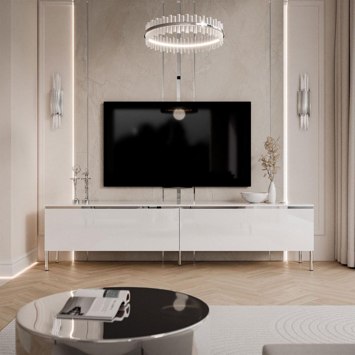 TV-SCHRANK AURORA SILVER 180 cm mit LED-Beleuchtung – gerade Chrombeine - Weiß Hochglanz, Holzwerkstoff (180/49.5/40cm) - Lookway