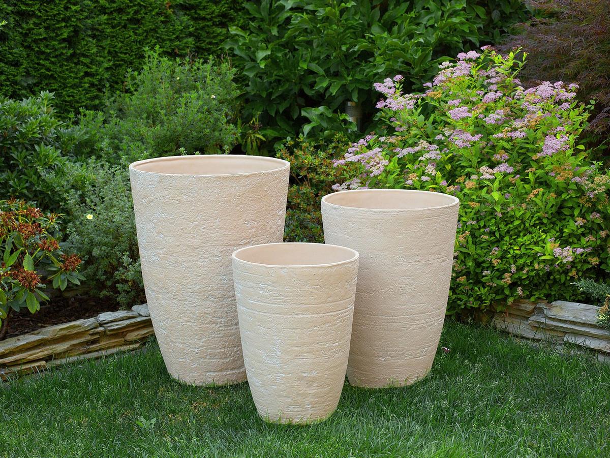 BLUMENTOPF 2er-Set sandbeige rund 35/35/50 cm Camia - Beige, Stein (50cm) - Beliani