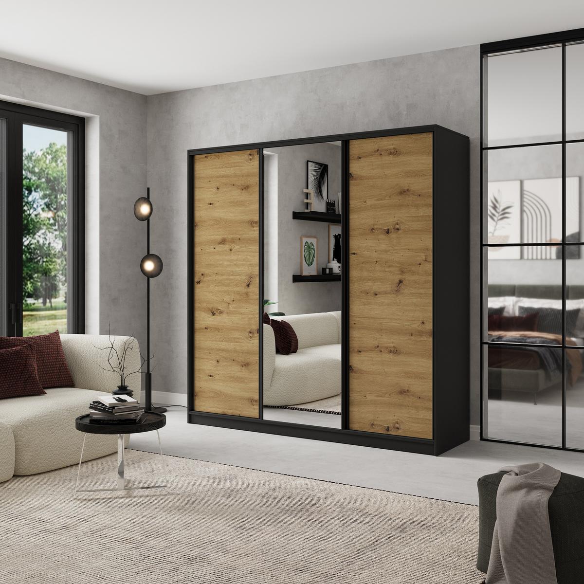SCHWEBETÜRENSCHRANK SORE 180/205/58 cm 3-türig mit Spiegel und Schubladen Schwarz / Eiche Artisan - Schwarz/Eiche Artisan, Holzwerkstoff (180/205/58cm) - MASSENO