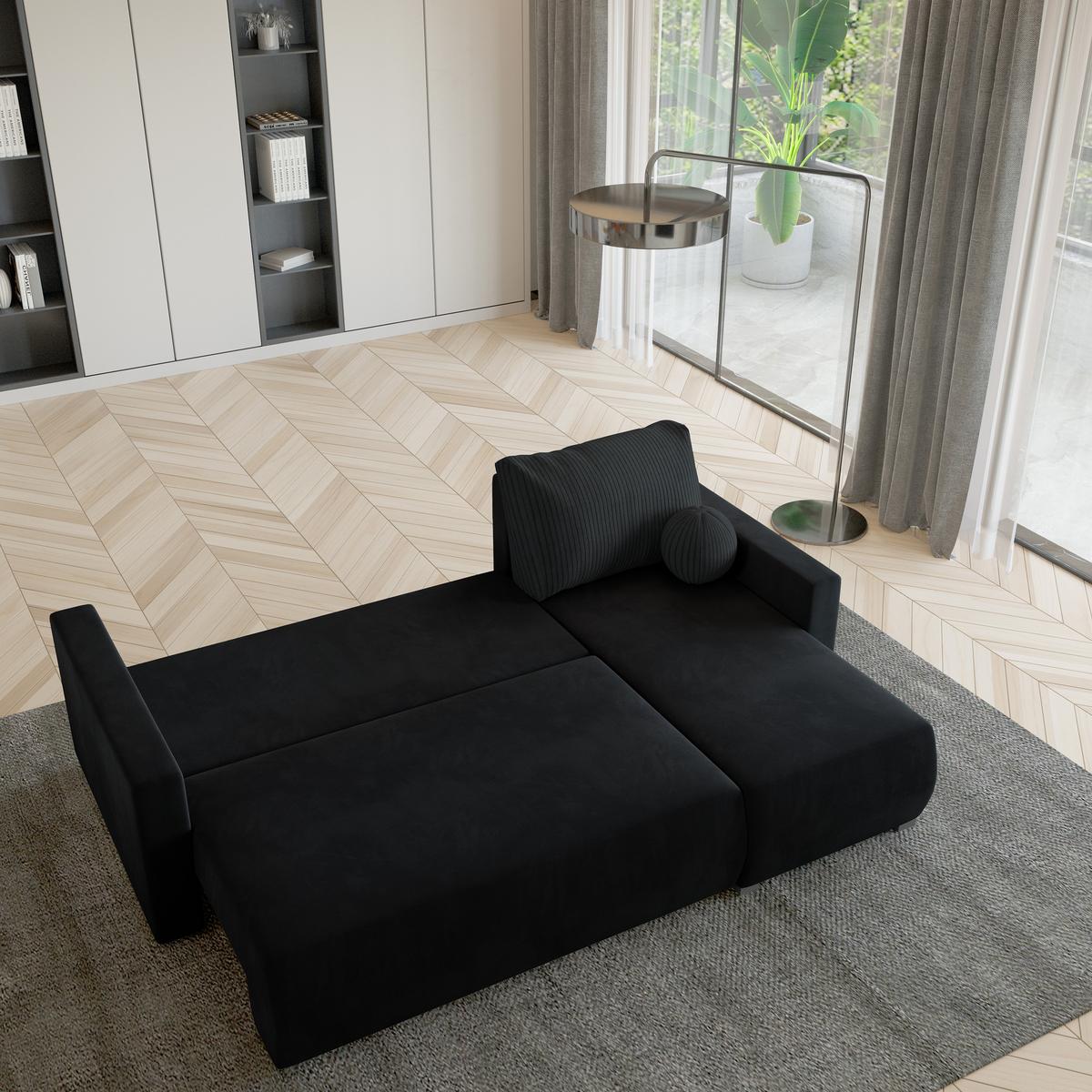ECKSOFA SORGE Schwarz Plüsch-Stoff mit Schlaffunktion - Schwarz, Holz (220/143cm) - MASSENO