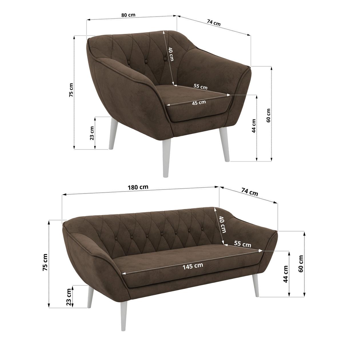 SITZGARNITUR PIRS 3+3+1 - Braun Velvet - Weiße Beine - Dunkelbraun/Braun, Holzwerkstoff/Textil (180/75/74cm) - MKS