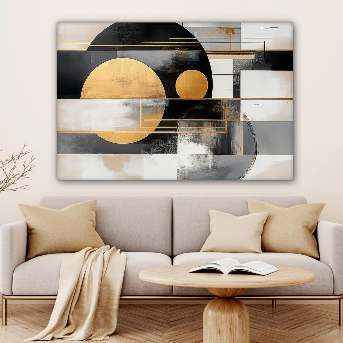 LEINWANDBILD Abstrakt - Gold - Silber - Formen - Ästhetisch - Modern Groß 140x90 cm - Goldfarben, Textil (140/90cm) - MuchoWow