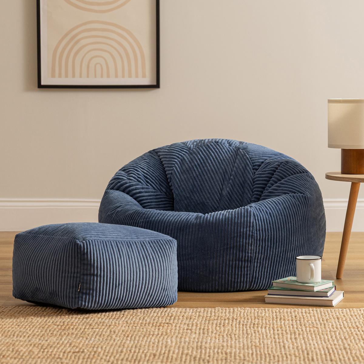 SITZSACK Klassisch + Hocker, Cord - Blau, Kunststoff/Textil (85/50/85cm) - icon