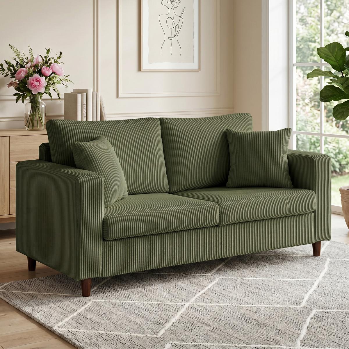 2-SITZER-SOFA Cord 100 Polyester Kautschukholz Grün - Naturfarben/Grün, Holz/Textil (80/82/170cm) - HOMCOM