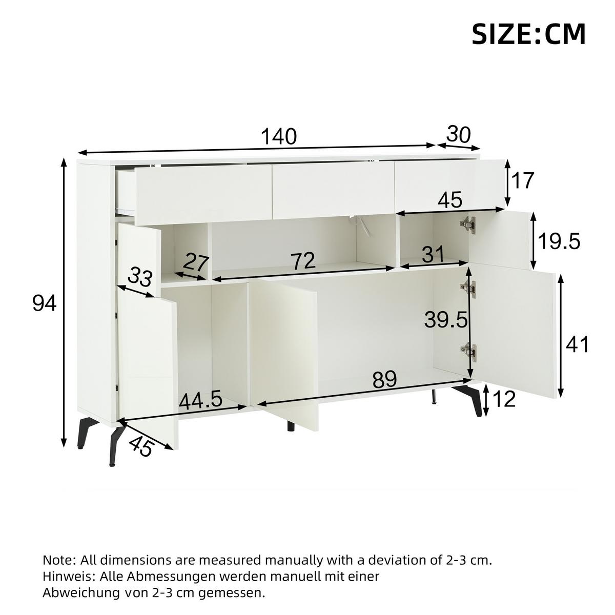 SIDEBOARD 140 cm Hochglanz-Kommode mit 3 Schubladen, 5 Schränken & LED-Lichtleiste Weiß - Weiß Hochglanz, Holzwerkstoff (140/94/30cm) - Urban Meuble