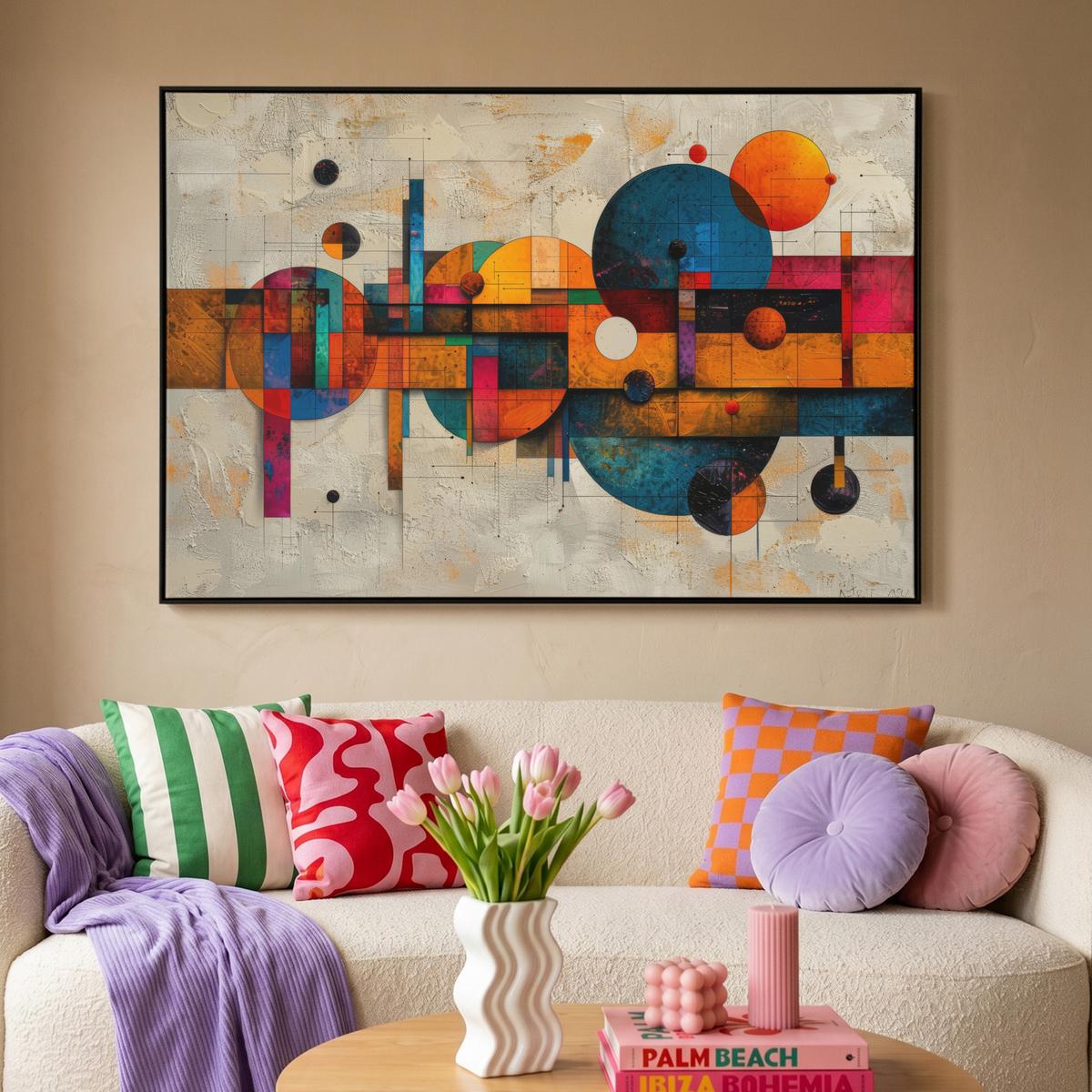 LEINWAND Bilder mit Rahmen - Vintage - Moderne Kunst - Orange - Geometrische Formen - 150x100 - Multicolor, Textil (150/100cm) - MuchoWow