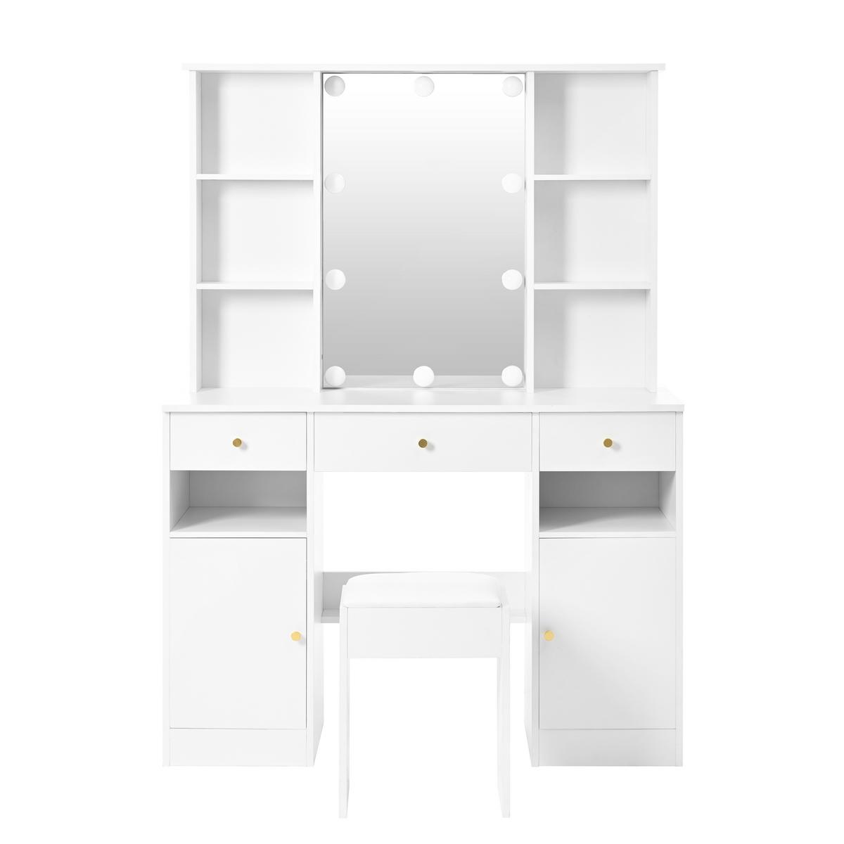 SCHMINKTISCH in Weiß mit Hollywood-LED & Spiegel - Weiß, Holzwerkstoff (110/151/40cm) - Urban Meuble