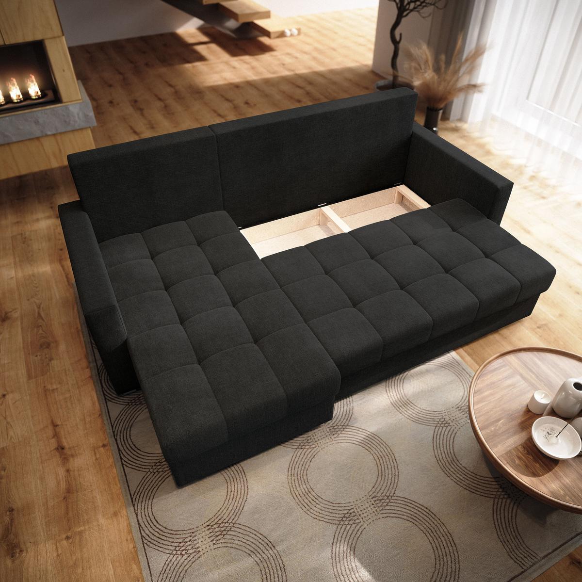 ECKSOFA NIDA Schwarz Geflochtener Stoff mit Schlaffunktion - Schwarz, Holz (220/143cm) - MASSENO