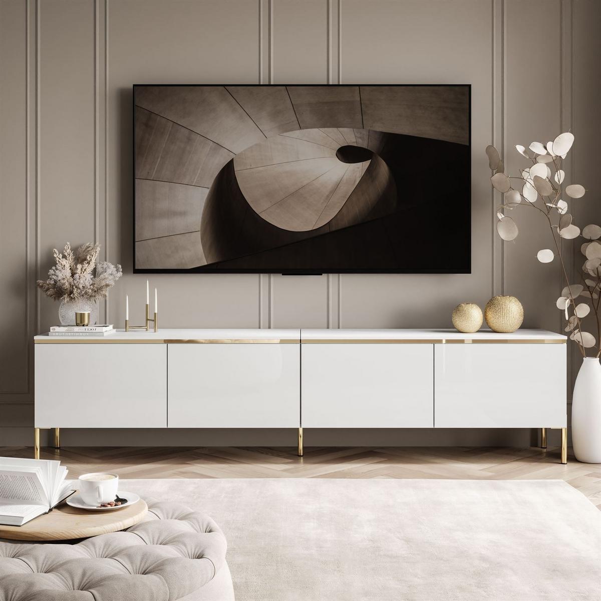 TV-RACK CELINE GLOSS 200 cm auf gerade goldenen Füßen - Weiß, Holzwerkstoff (200/49/40cm) - Lookway