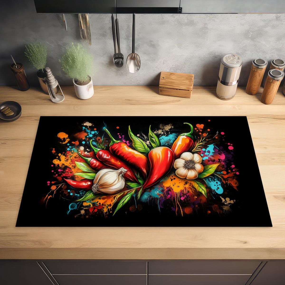 HERDABDECKPLATTE Gemüse - Paprika - Knoblauch - Graffiti - Farbe - Bunt Induktionsmatte 83x51 cm - Rot, Kunststoff (83/51.5/0.2cm) - MuchoWow