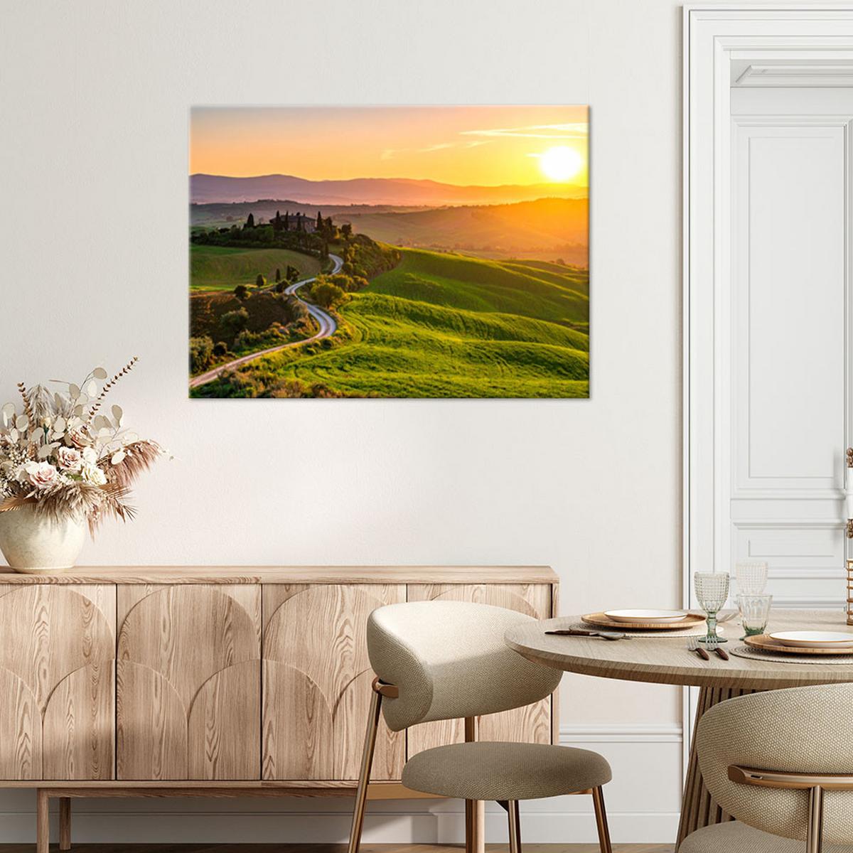 LEINWANDBILD Toskana Landschaft Sonnenuntergang 100x70cm - Grün, Textil (100/70cm) - Feeby