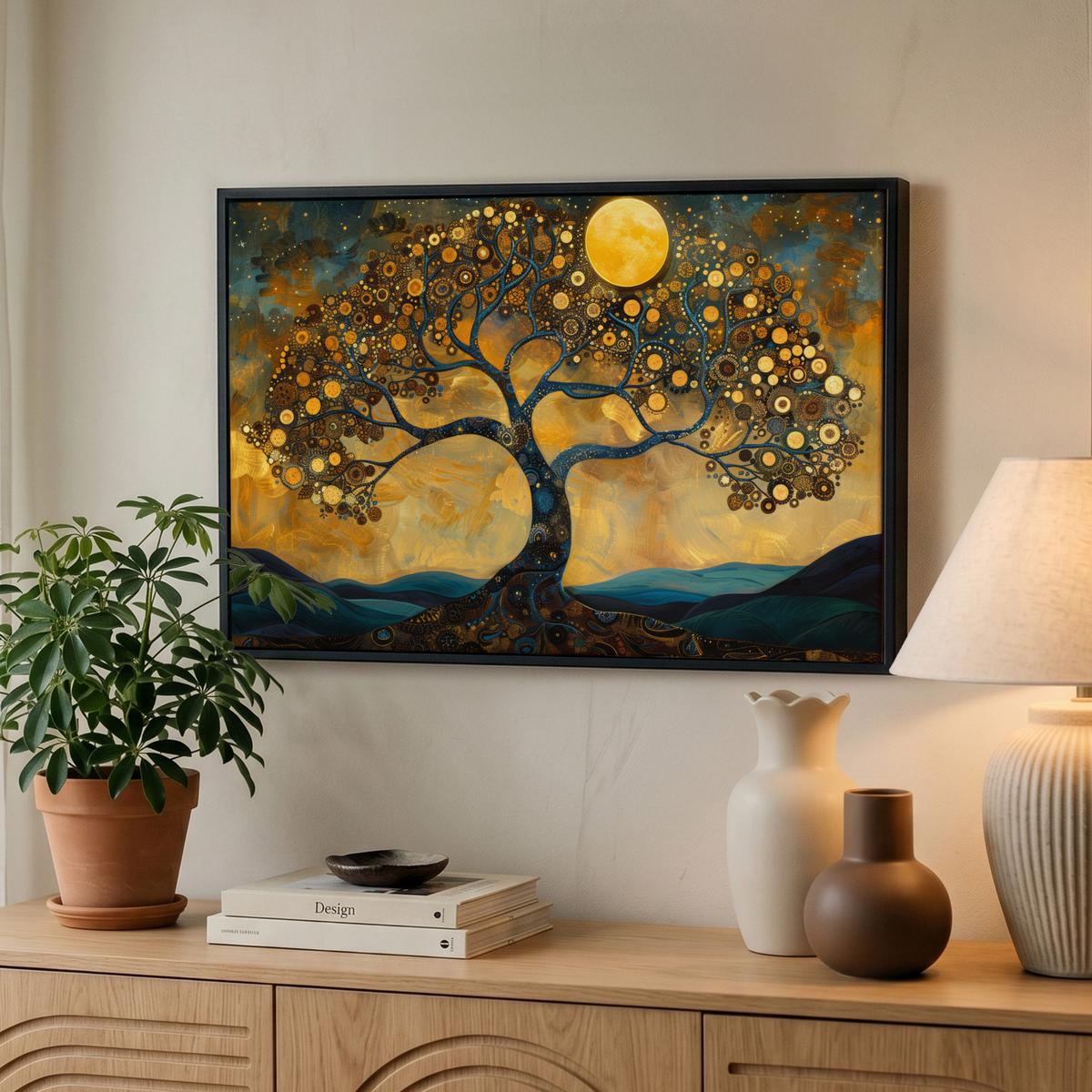 LEINWAND Bilder mit Rahmen - Baum - Mond - Blumen - Gold - Kunst - 60x40 - Orange, Textil (60/40cm) - MuchoWow