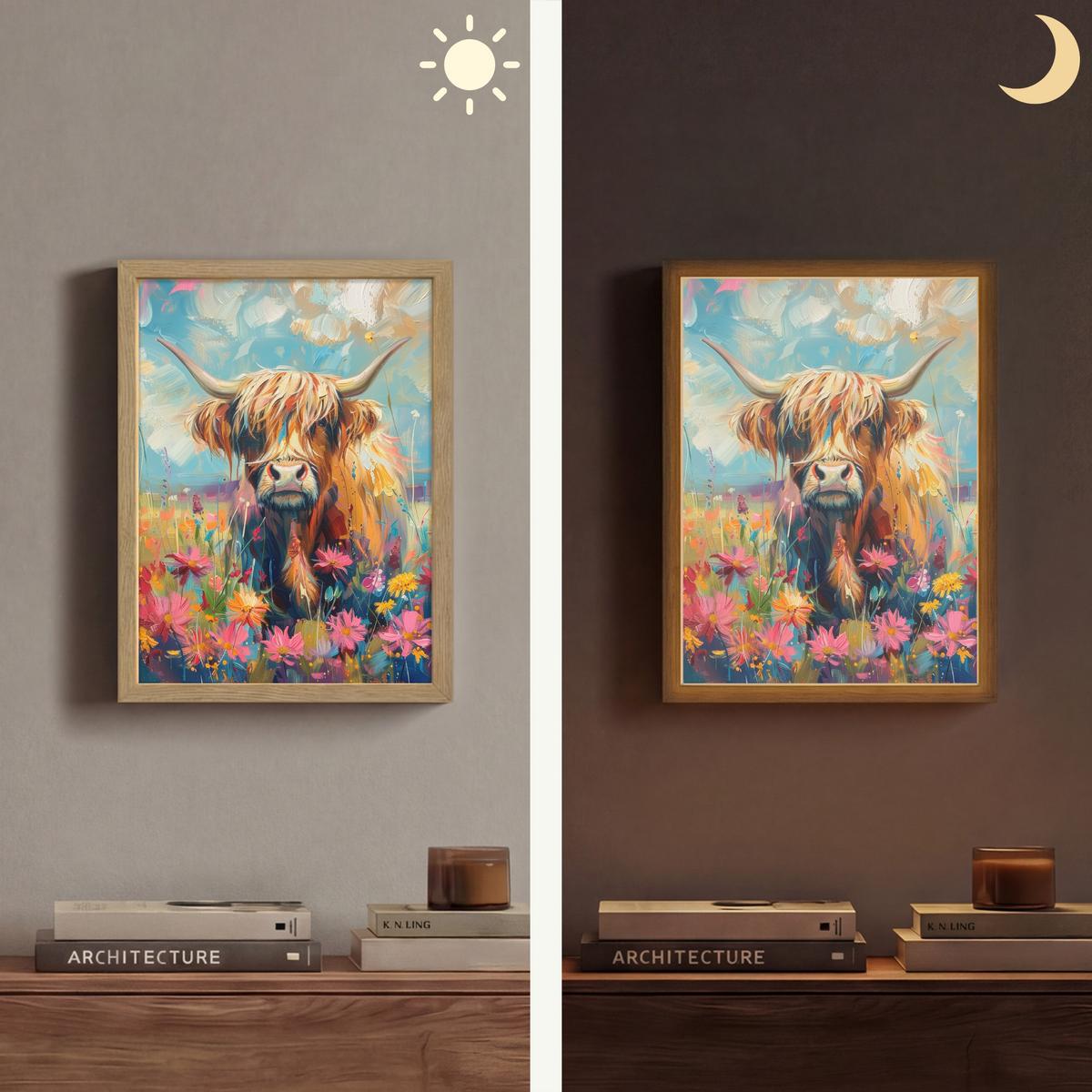 WANDLEUCHTE MIT AKKU Schottische Hochländer - Natur - Farbenfroh - Blumen 30x40 cm - Multicolor, Holzwerkstoff (30/40/8cm) - OnlyWow