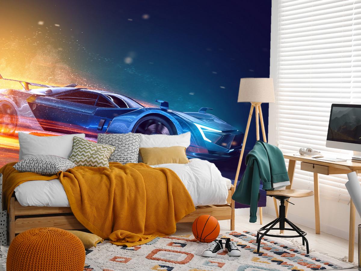 FOTOTAPETE für Jugendzimmer Futuristisches Sportwagen Neon 200x140 - Blau/Gelb, Papier (200/140cm) - Muralo