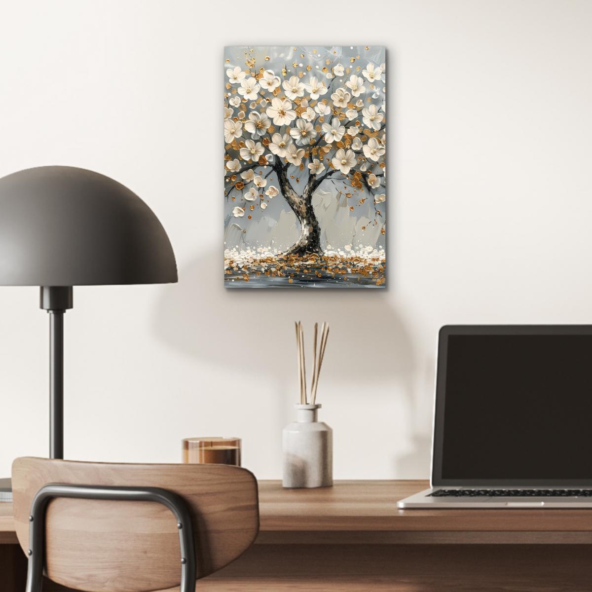 METALLBILD Baum - Blumen - Weiß - Natur - Kunst 20x30 cm - Weiß, Metall (20/30cm) - MuchoWow