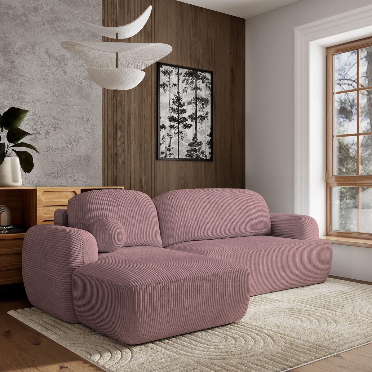 ECKSOFA MODENZA P L-S Lila Kordstoff mit Schlaffunktion - Lila/Schwarz, Holz/Kunststoff (266/148cm) - MASSENO