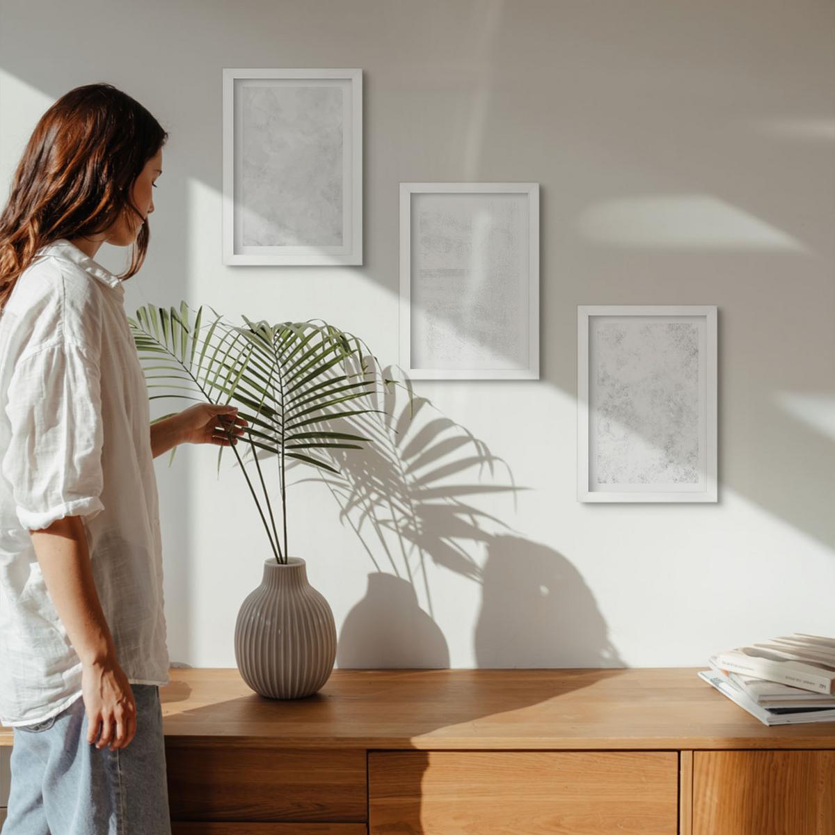 BILDER SET 3er Set - 20x30 cm Weißer Rahmen - Minimalistischer Hintergrund mit weißen Punkten - Weiß, Kunststoff (20/30cm) - TULUP