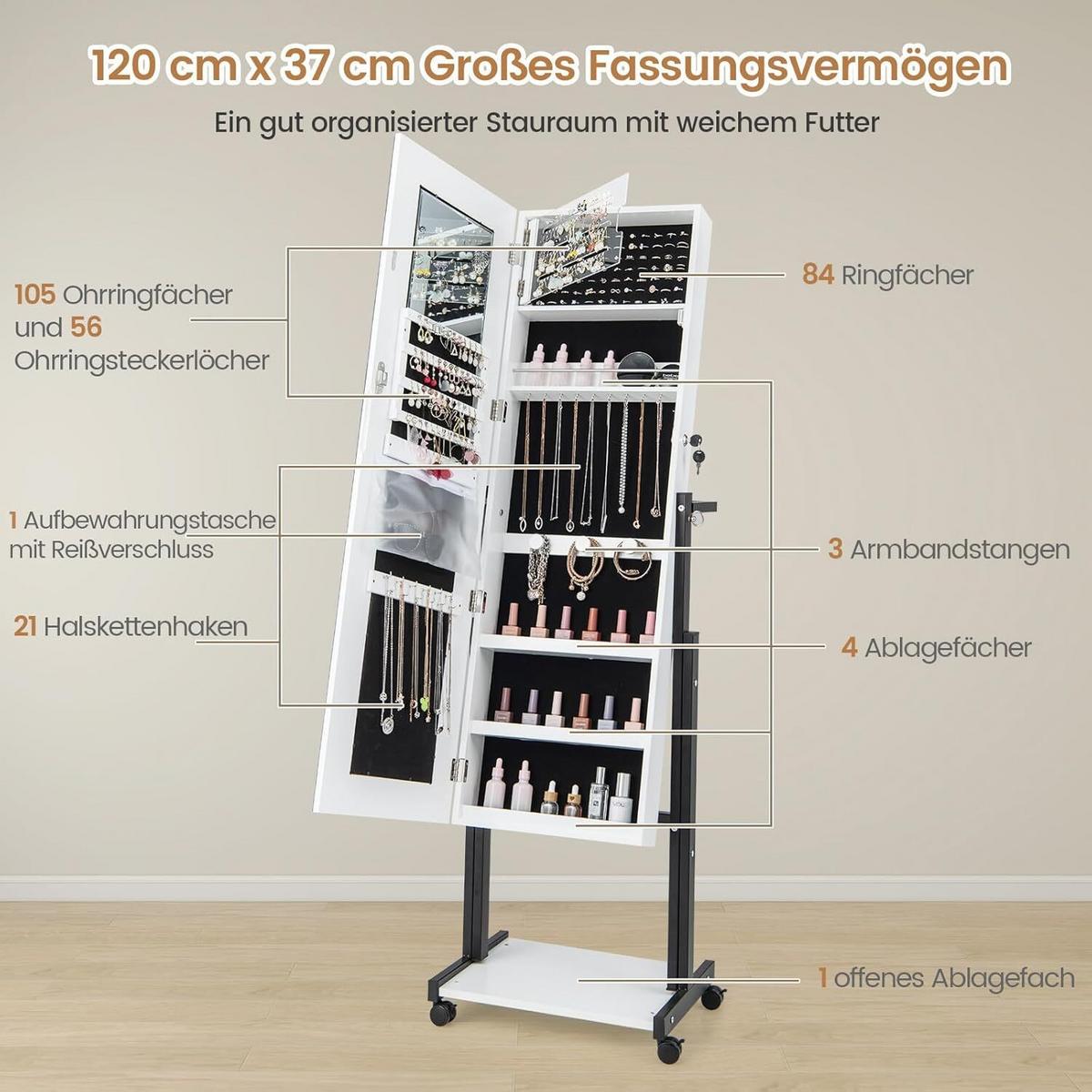 SCHMUCKSCHRANK 155cm Weiß - Weiß, Holz (46/155/35cm) - COSTWAY