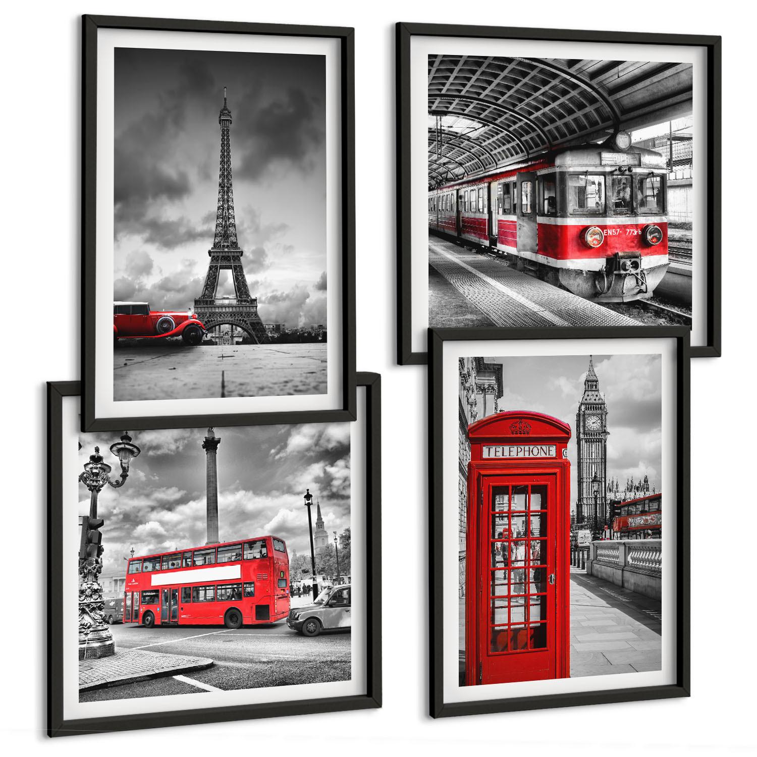 BILDER SET 4er Set - 50x50 cm & 40x60 cm Schwarzer Rahmen - Ikonische Städte London Paris Eisenbahn - Schwarz, Kunststoff (50/50cm) - TULUP