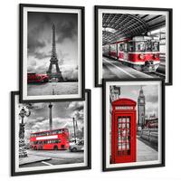 BILDER SET 4er Set - 50x50 cm & 40x60 cm Schwarzer Rahmen - Ikonische Städte London Paris Eisenbahn - Schwarz, Kunststoff (50/50cm) - TULUP