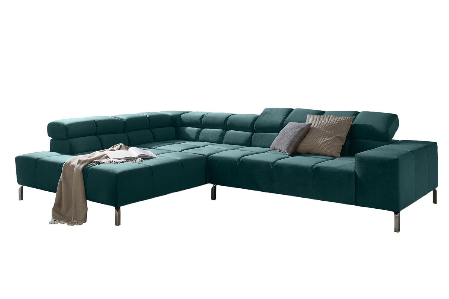 ECKSOFA MIT MOTORISCHEM SITZVORZUG NELSON Smaragdgrün Velvet Relaxfunktion - Smaragdgrün/Silberfarben, Textil (321/216cm) - KAWOLA