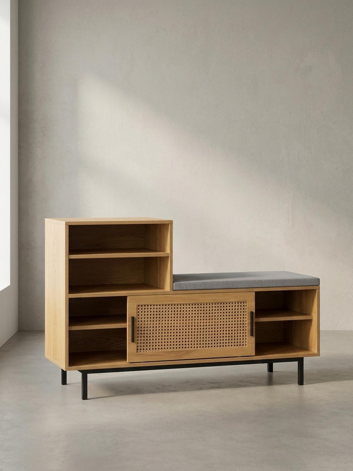 SCHUHBANK – Eiche-Dekor, 120x75,5x40 cm, Rattan-Elemente, Sitzbank gepolstert - Schwarz/Braun, Textil/Metall (120/76/40cm) - KADIMA DESIGN