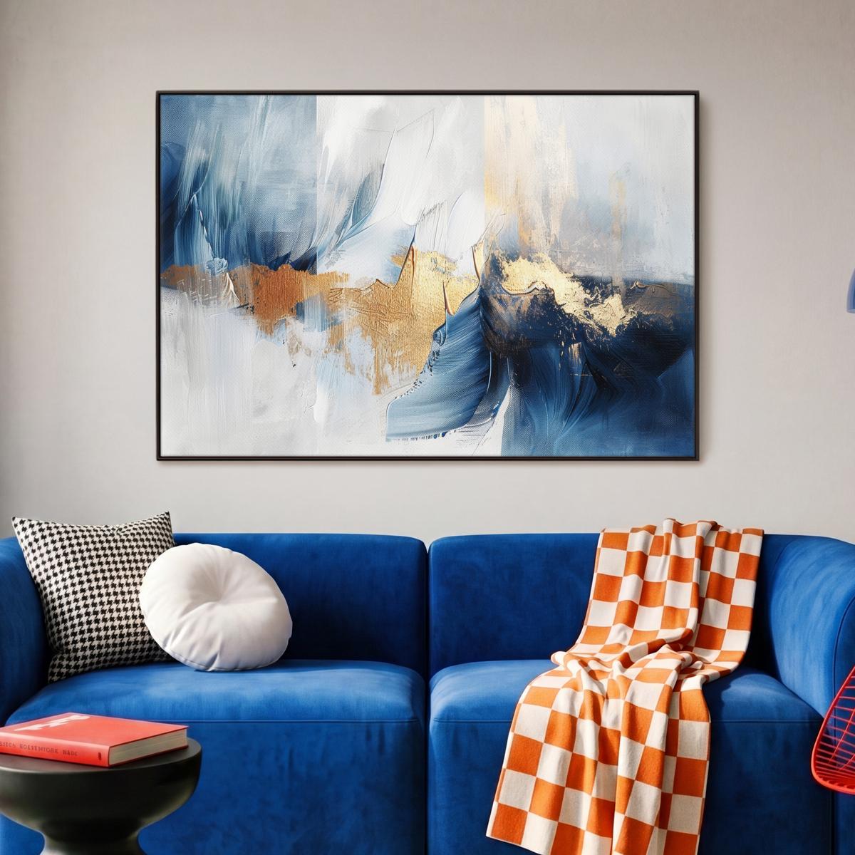 LEINWAND Bilder mit Rahmen - Gold - Blau - Aquarell - Kunst - Modern - 90x60 - Hellblau, Textil (90/60cm) - MuchoWow